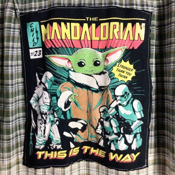 Vintage GUESS reworked Marvel Mandalorian yoda Comic flannel ombre bleached Med - Picture 3 of 5